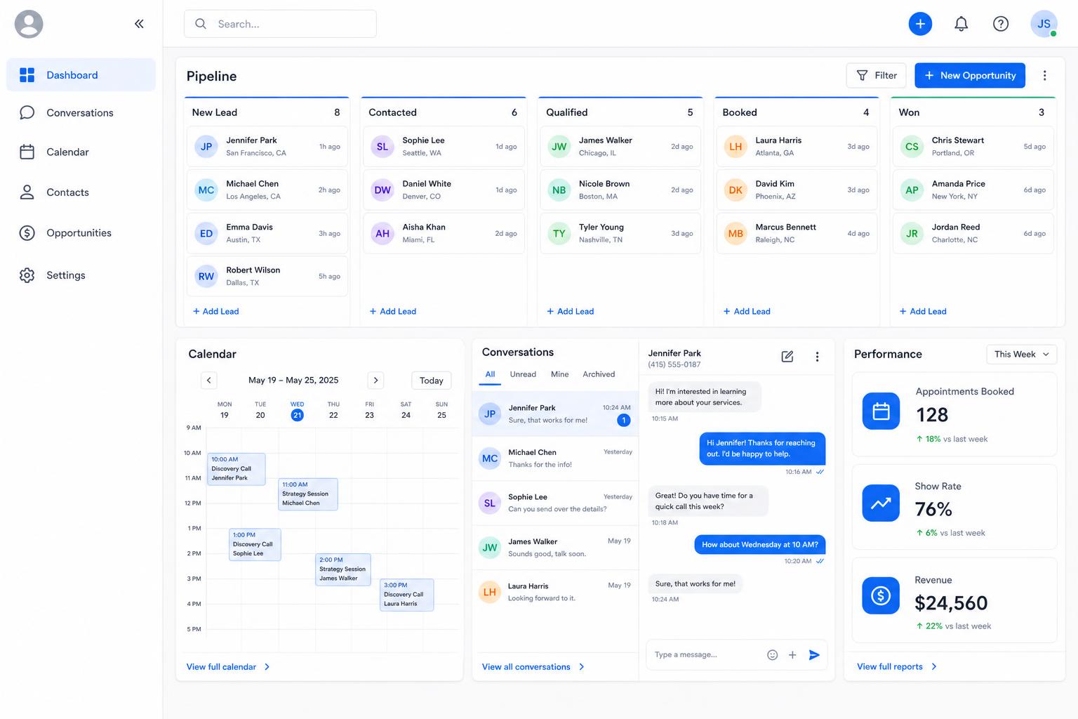 Appointment-setting dashboard showing a calendar full of booked calls, a lead pipeline, conversations and performance metrics
